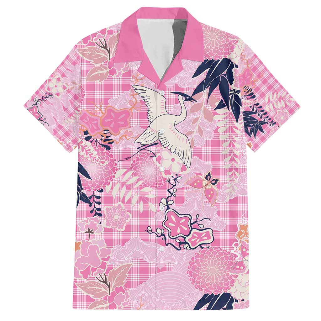 Pink Palaka Crane and Flowers Hawaiian Shirt Japan Heritage Spirit - Polynesian Pride