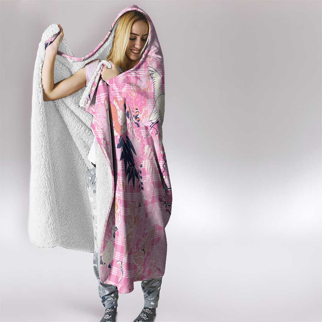 Pink Palaka Crane and Flowers Hooded Blanket Japan Heritage Spirit - Polynesian Pride