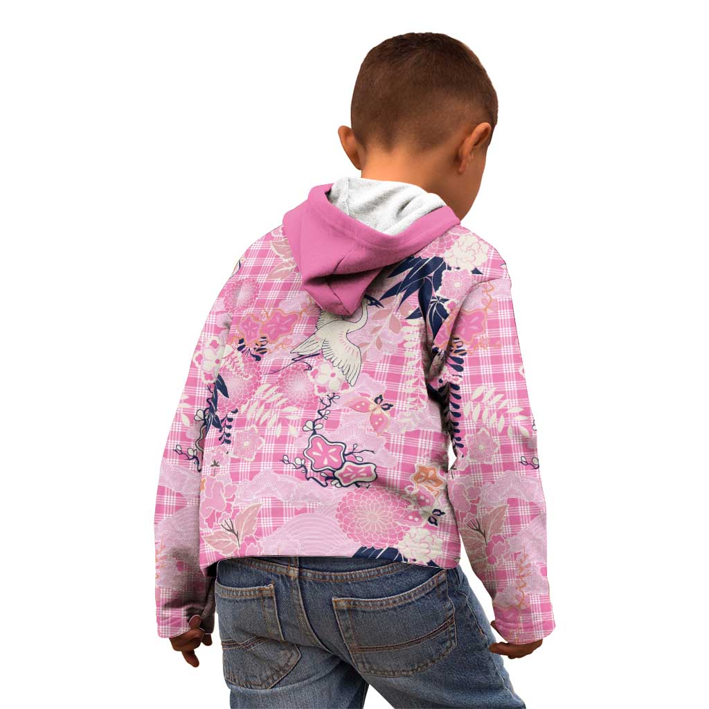 Pink Palaka Crane and Flowers Kid Hoodie Japan Heritage Spirit - Polynesian Pride