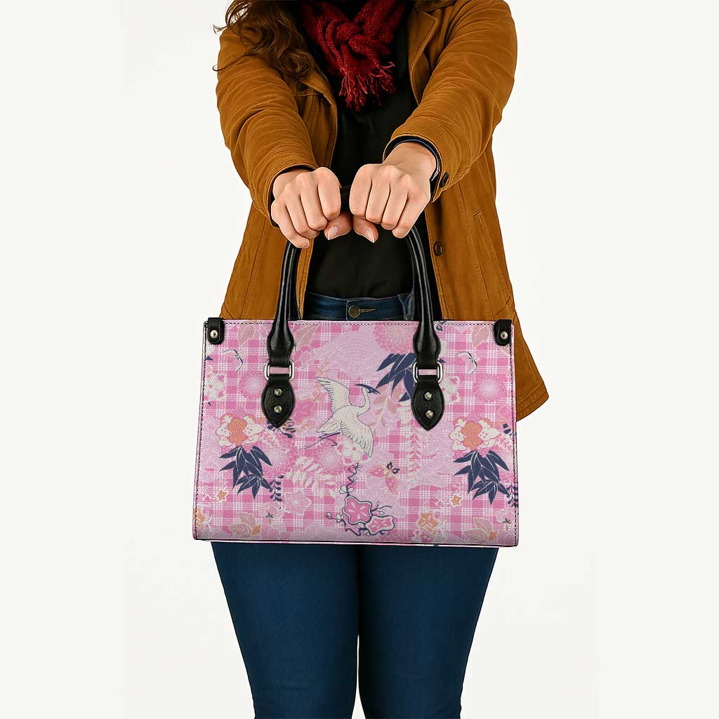 Pink Palaka Crane and Flowers Leather Bag Japan Heritage Spirit - Polynesian Pride