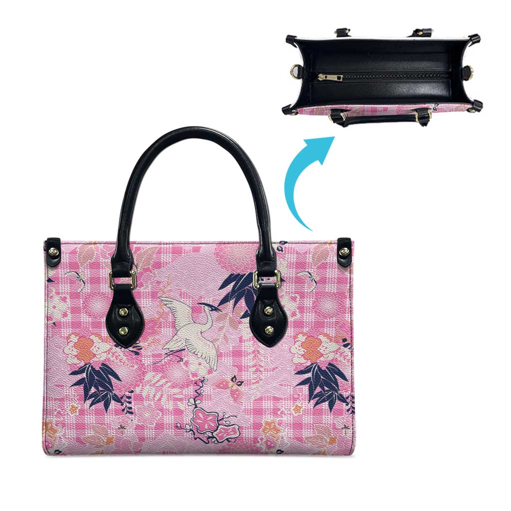 Pink Palaka Crane and Flowers Leather Bag Japan Heritage Spirit - Polynesian Pride