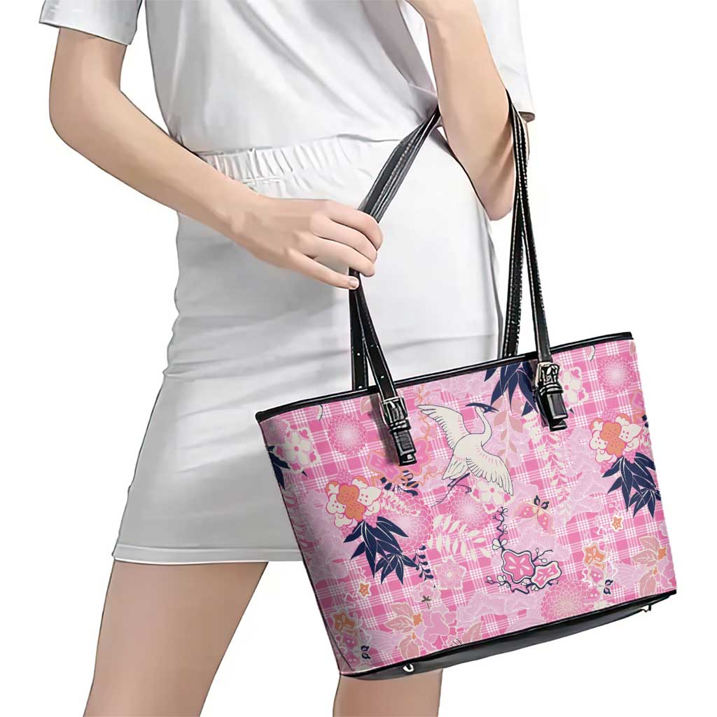 Pink Palaka Crane and Flowers Leather Tote Bag Japan Heritage Spirit - Polynesian Pride