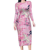Pink Palaka Crane and Flowers Long Sleeve Bodycon Dress Japan Heritage Spirit - Polynesian Pride