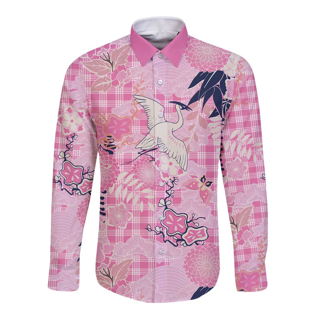 Pink Palaka Crane and Flowers Long Sleeve Button Shirt Japan Heritage Spirit - Polynesian Pride