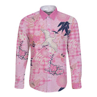 Pink Palaka Crane and Flowers Long Sleeve Button Shirt Japan Heritage Spirit - Polynesian Pride