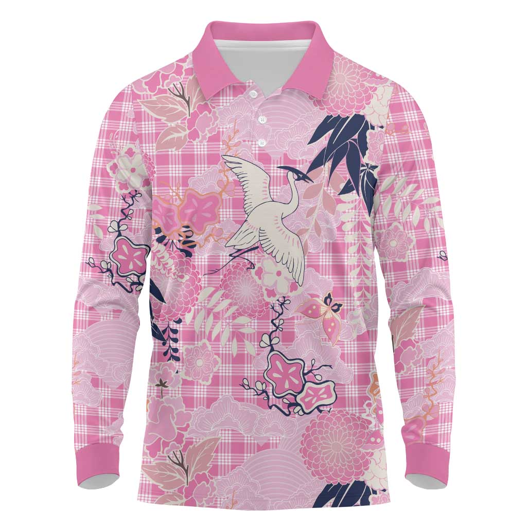 Pink Palaka Crane and Flowers Long Sleeve Polo Shirt Japan Heritage Spirit - Polynesian Pride