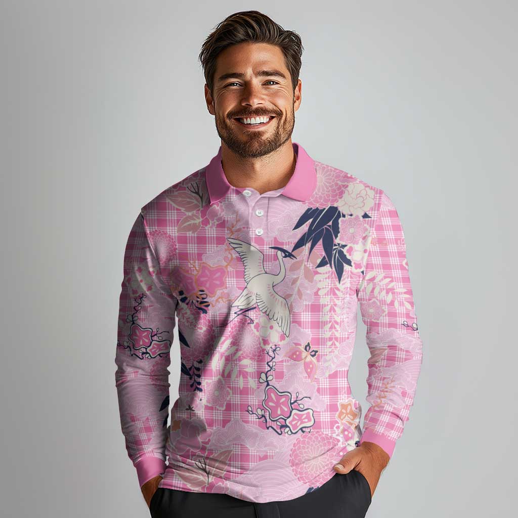 Pink Palaka Crane and Flowers Long Sleeve Polo Shirt Japan Heritage Spirit - Polynesian Pride