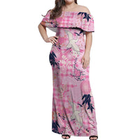 Pink Palaka Crane and Flowers Off Shoulder Maxi Dress Japan Heritage Spirit - Polynesian Pride