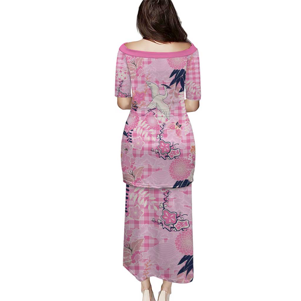 Pink Palaka Crane and Flowers Puletasi Japan Heritage Spirit - Polynesian Pride