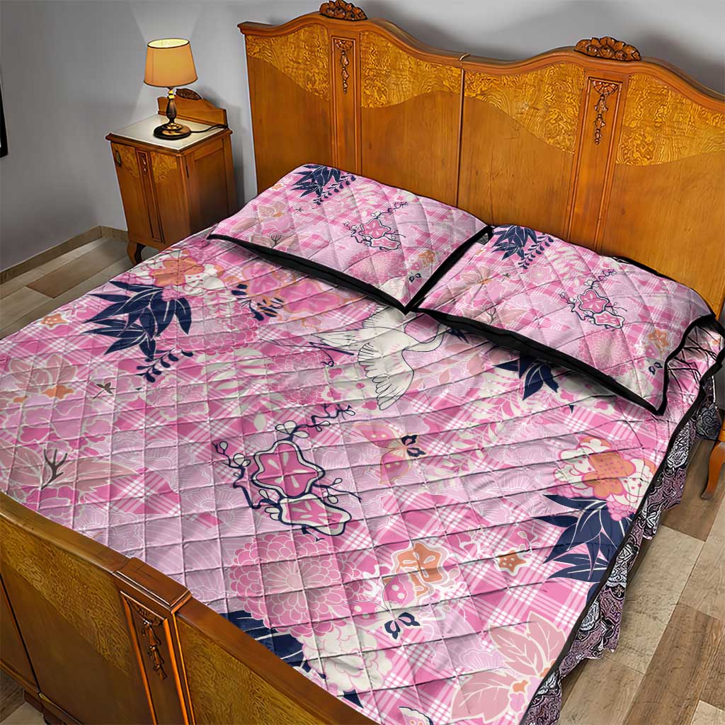 Pink Palaka Crane and Flowers Quilt Bed Set Japan Heritage Spirit - Polynesian Pride