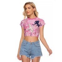 Pink Palaka Crane and Flowers Raglan Cropped T Shirt Japan Heritage Spirit - Polynesian Pride