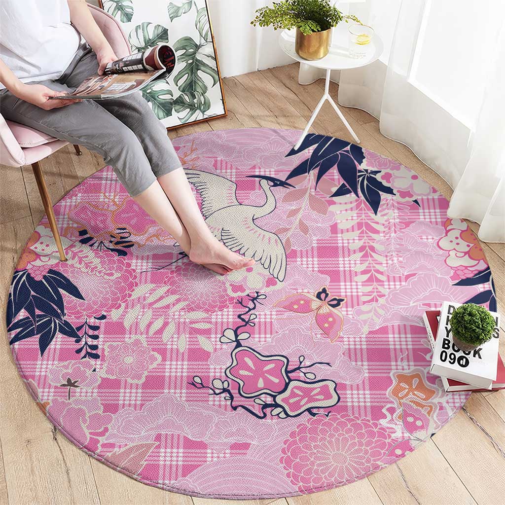 Pink Palaka Crane and Flowers Round Carpet Japan Heritage Spirit LT9 - Polynesian Pride