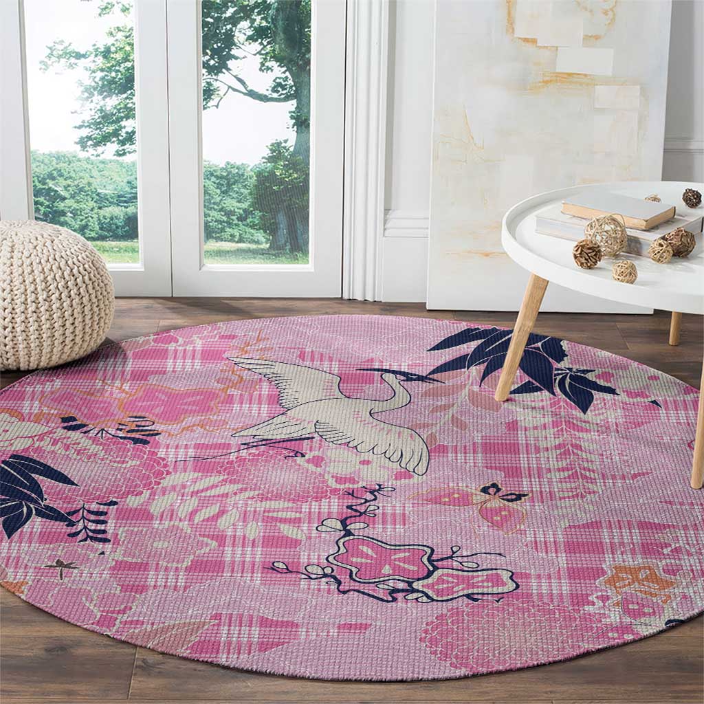 Pink Palaka Crane and Flowers Round Carpet Japan Heritage Spirit LT9 - Polynesian Pride