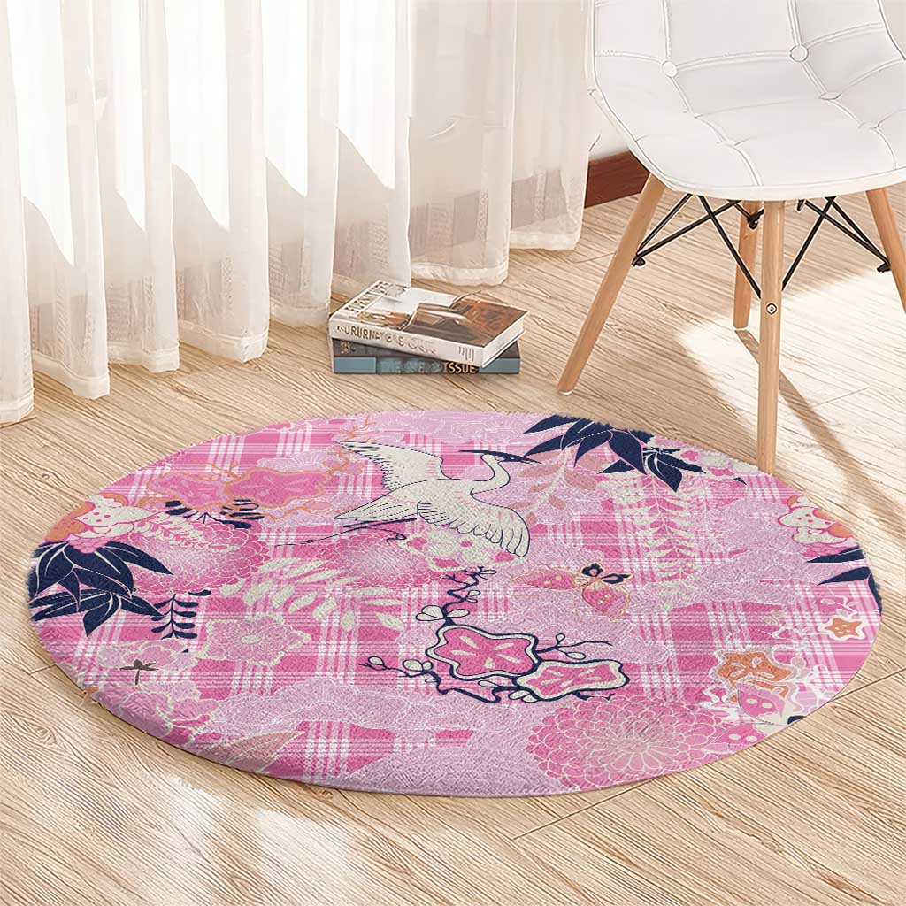 Pink Palaka Crane and Flowers Round Carpet Japan Heritage Spirit LT9 - Polynesian Pride