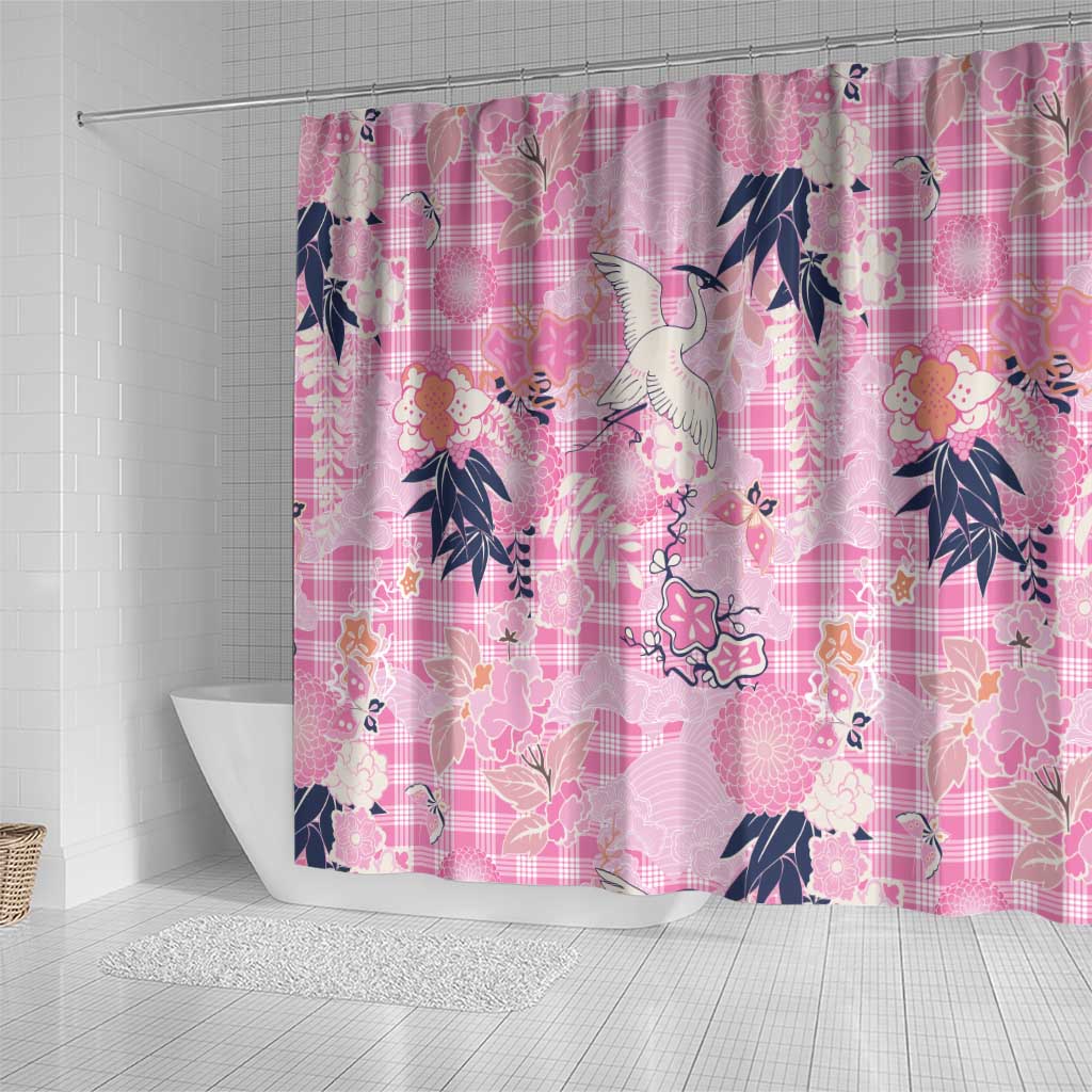 Pink Palaka Crane and Flowers Shower Curtain Japan Heritage Spirit - Polynesian Pride