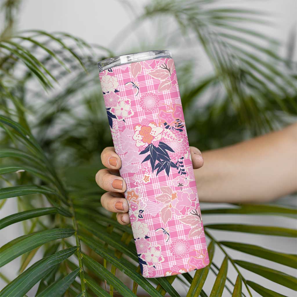 Pink Palaka Crane and Flowers Skinny Tumbler Japan Heritage Spirit - Polynesian Pride