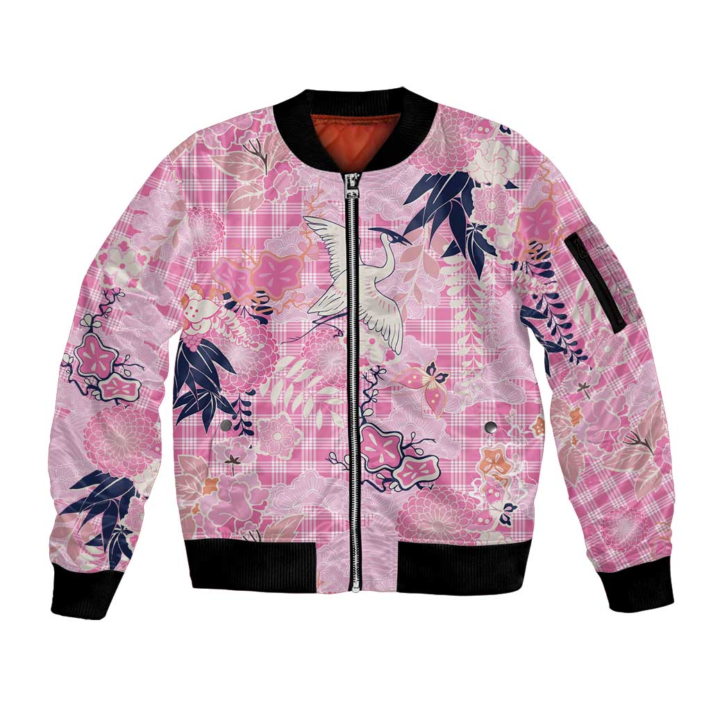 Pink Palaka Crane and Flowers Sleeve Zip Bomber Jacket Japan Heritage Spirit LT9 Unisex Pink - Polynesian Pride