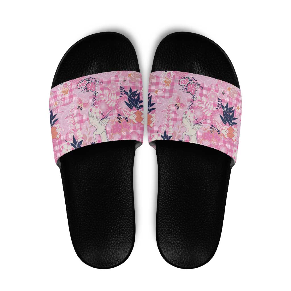 Pink Palaka Crane and Flowers Slide Sandals Japan Heritage Spirit LT9 Pink - Polynesian Pride