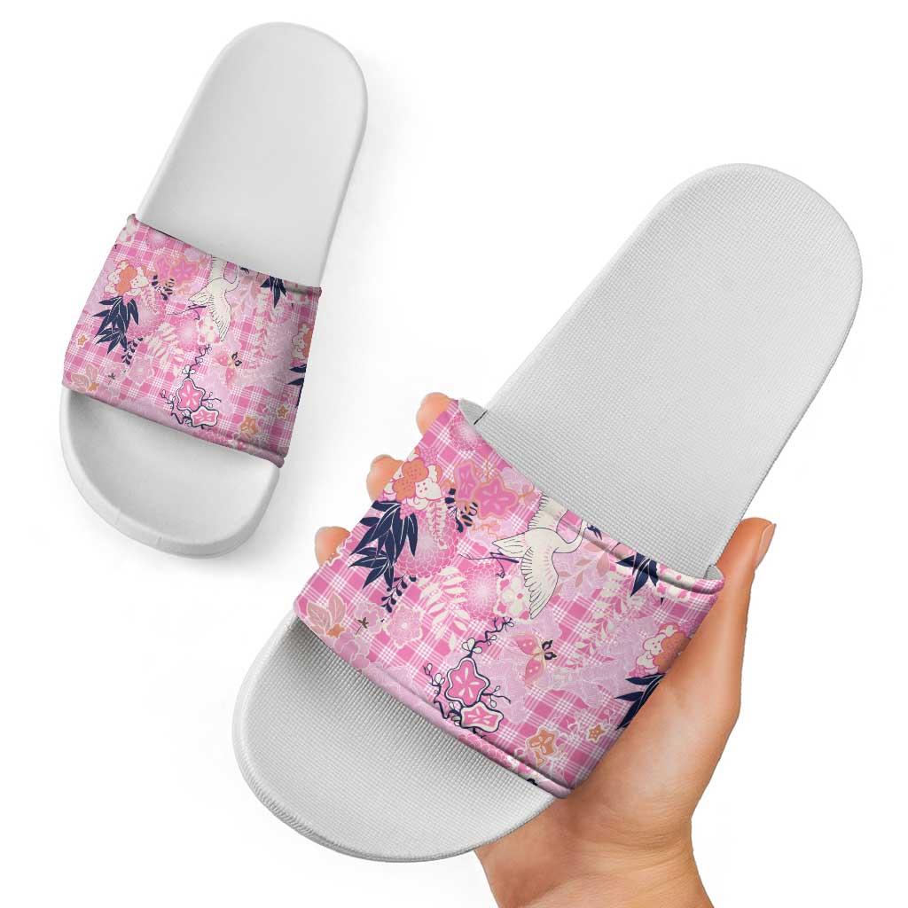Pink Palaka Crane and Flowers Slide Sandals Japan Heritage Spirit - Polynesian Pride