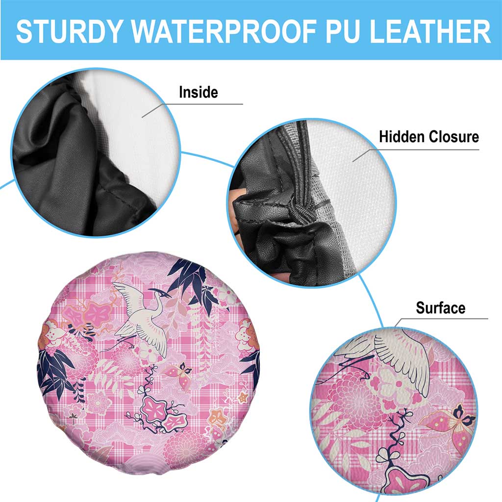 Pink Palaka Crane and Flowers Spare Tire Cover Japan Heritage Spirit - Polynesian Pride