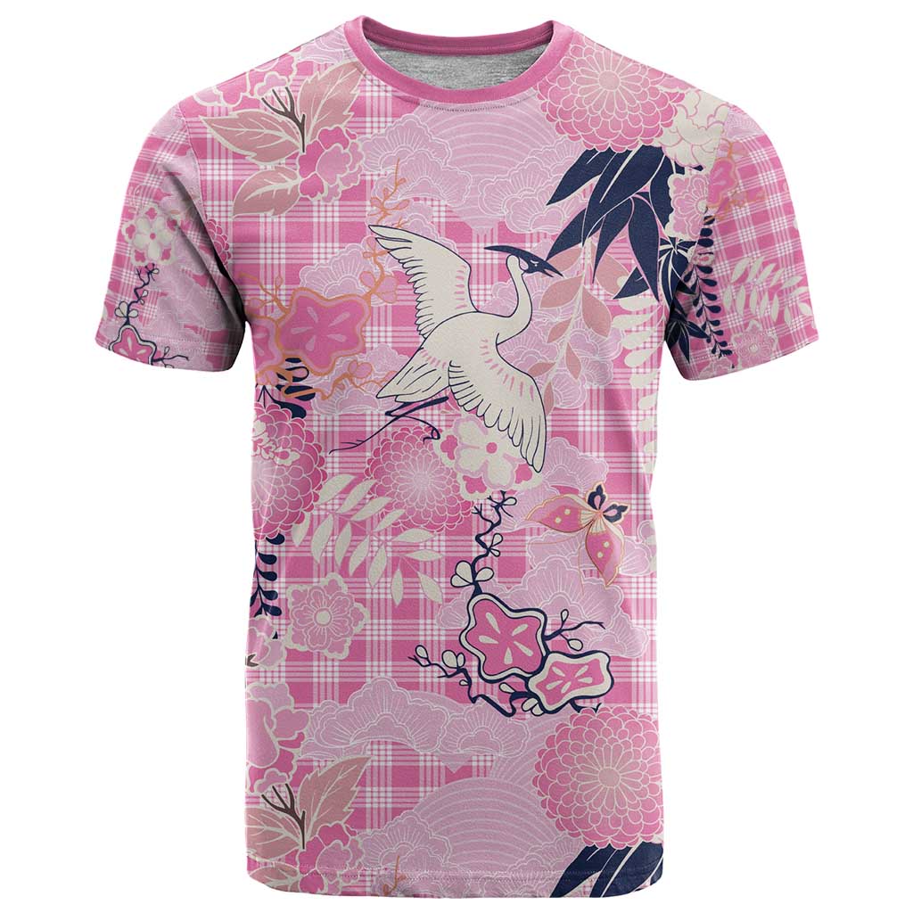 Pink Palaka Crane and Flowers T Shirt Japan Heritage Spirit - Polynesian Pride