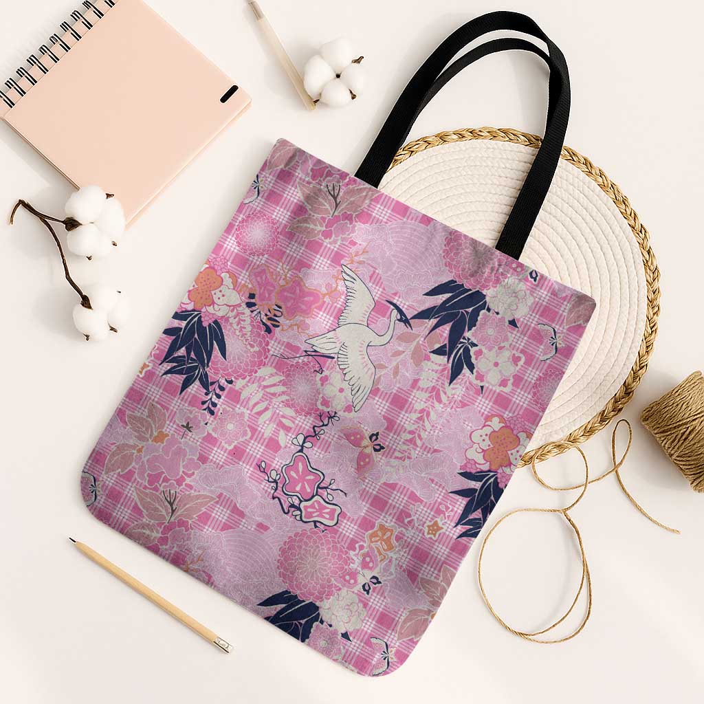 Pink Palaka Crane and Flowers Tote Bag Japan Heritage Spirit LT9 Black Strap One Size Pink - Polynesian Pride