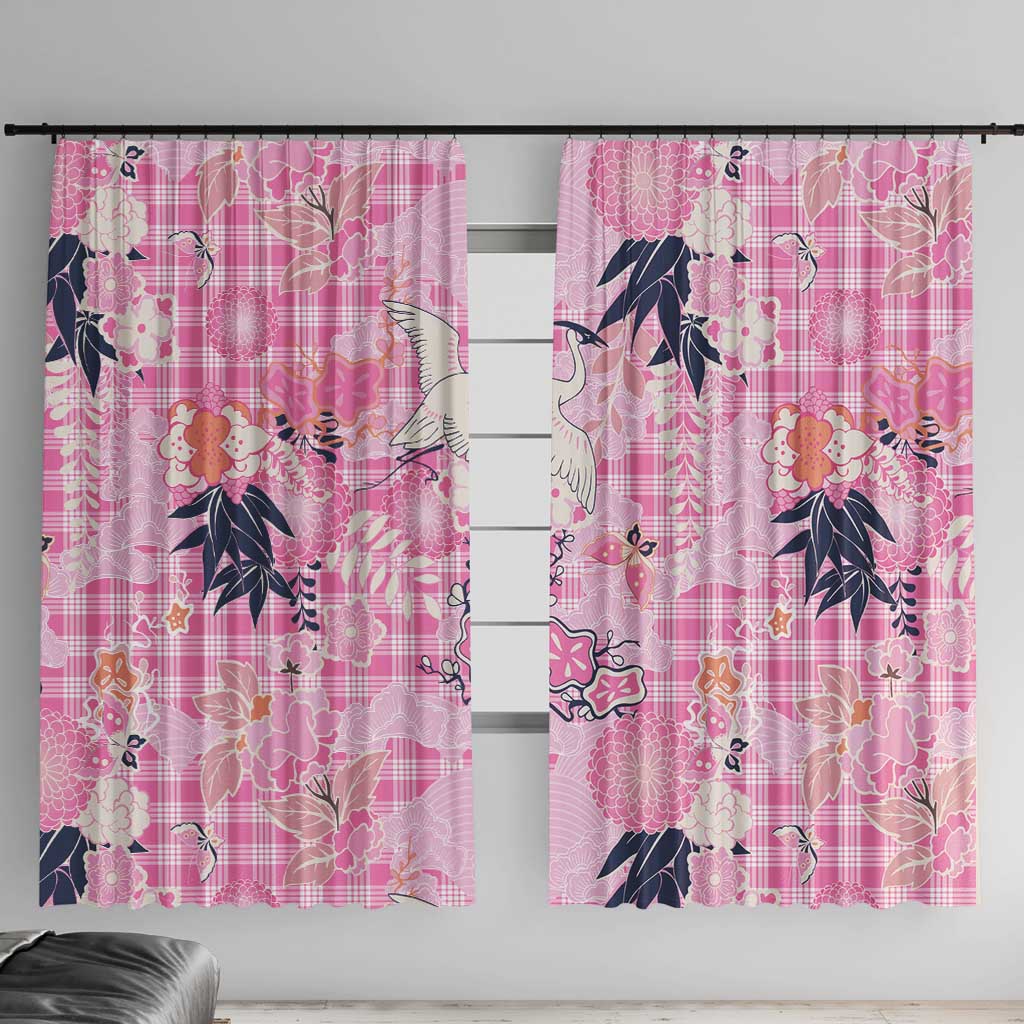 Pink Palaka Crane and Flowers Window Curtain Japan Heritage Spirit LT9 With Hooks Pink - Polynesian Pride
