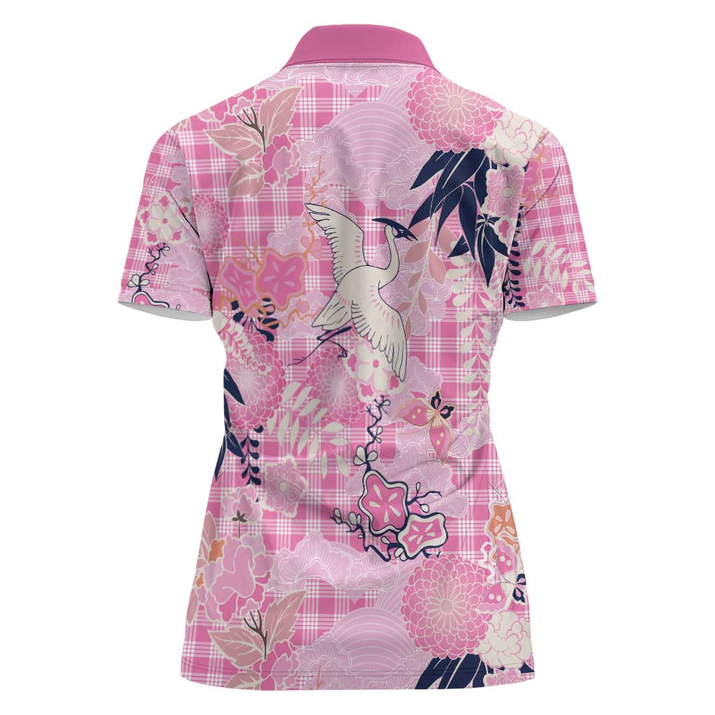 Pink Palaka Crane and Flowers Women Polo Shirt Japan Heritage Spirit - Polynesian Pride