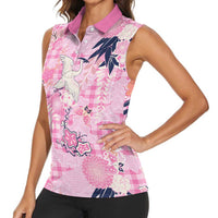 Pink Palaka Crane and Flowers Women Sleeveless Polo Shirt Japan Heritage Spirit - Polynesian Pride