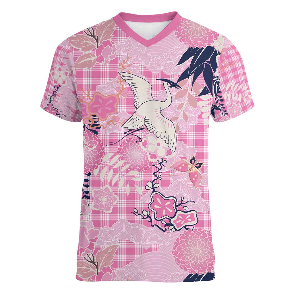Pink Palaka Crane and Flowers Women V-Neck T-Shirt Japan Heritage Spirit - Polynesian Pride