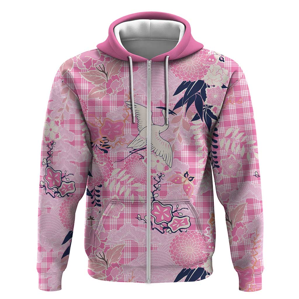 Pink Palaka Crane and Flowers Zip Hoodie Japan Heritage Spirit LT9 Zip Hoodie Pink - Polynesian Pride