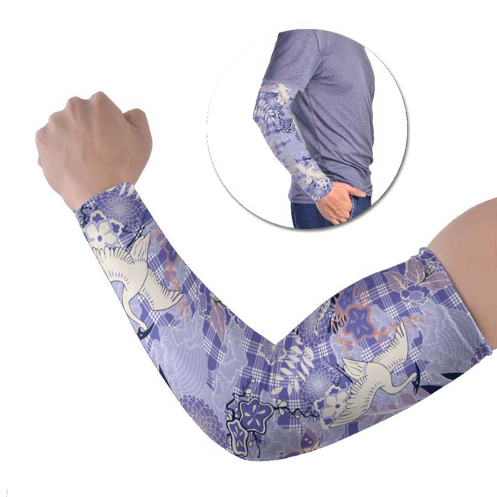 Purple Palaka Crane and Flowers Arm Sleeves Japan Heritage Spirit LT9 Set of 2 Purple - Polynesian Pride