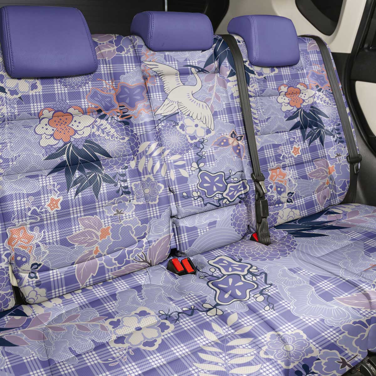 Purple Palaka Crane and Flowers Back Car Seat Cover Japan Heritage Spirit - Polynesian Pride