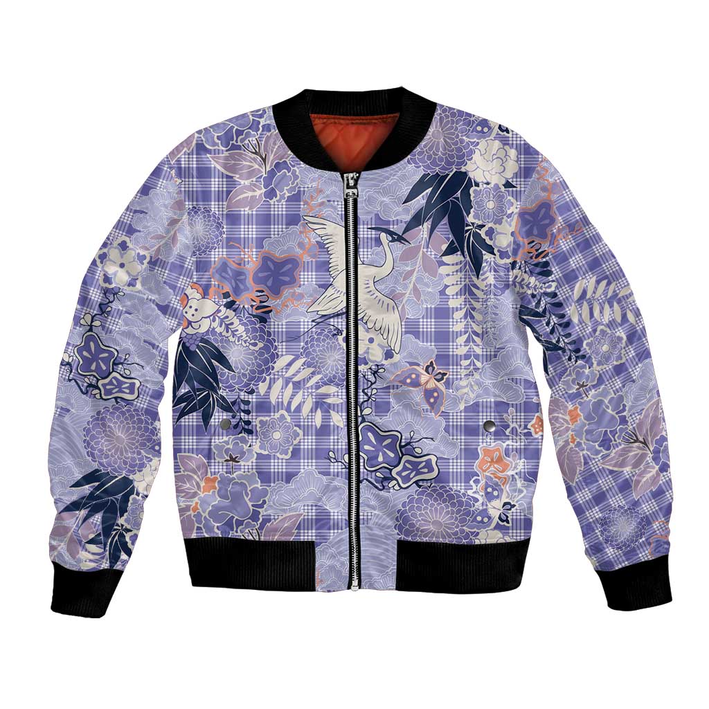 Purple Palaka Crane and Flowers Bomber Jacket Japan Heritage Spirit LT9 Unisex Purple - Polynesian Pride