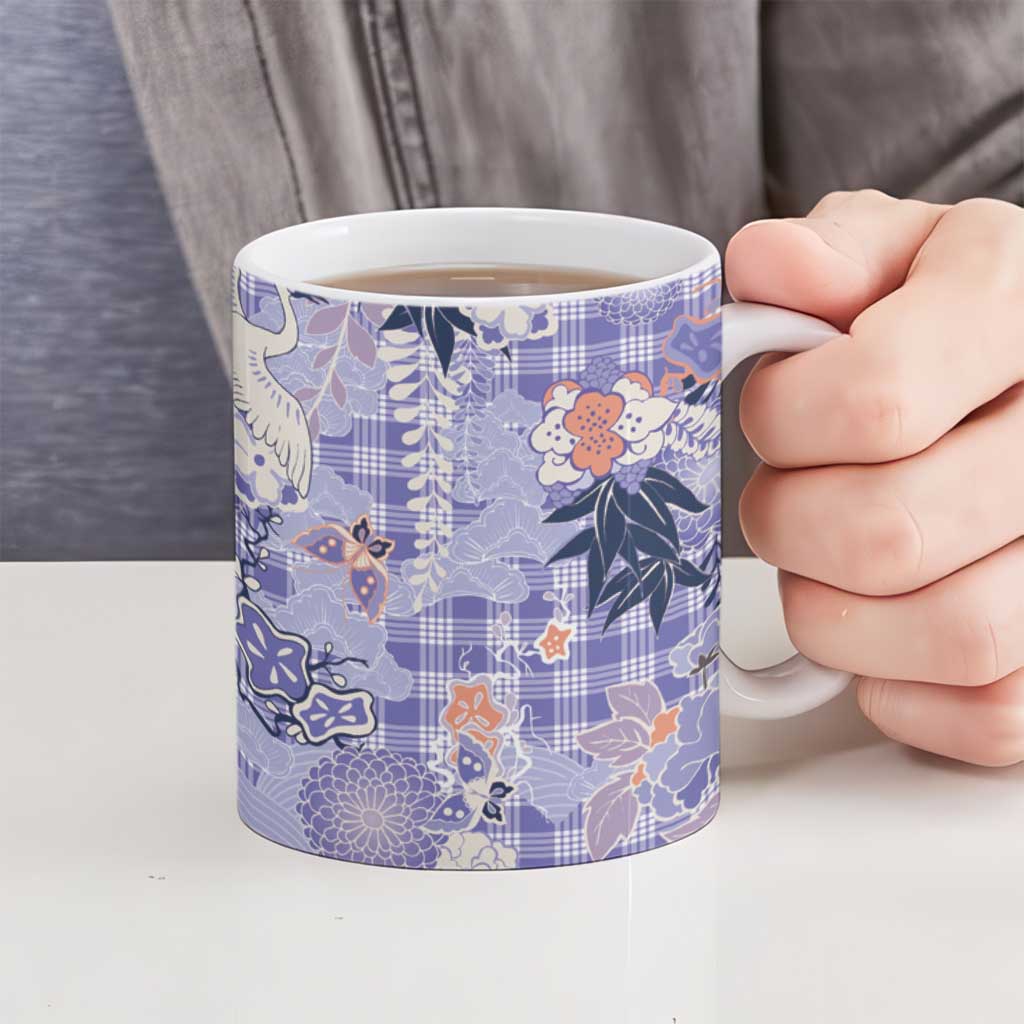 Purple Palaka Crane and Flowers Ceramic Mug Japan Heritage Spirit - Polynesian Pride