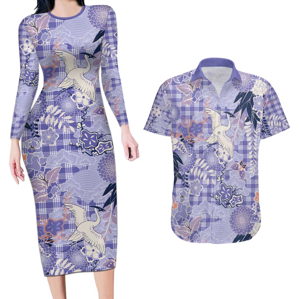 Purple Palaka Crane and Flowers Couples Matching Long Sleeve Bodycon Dress and Hawaiian Shirt Japan Heritage Spirit - Polynesian Pride