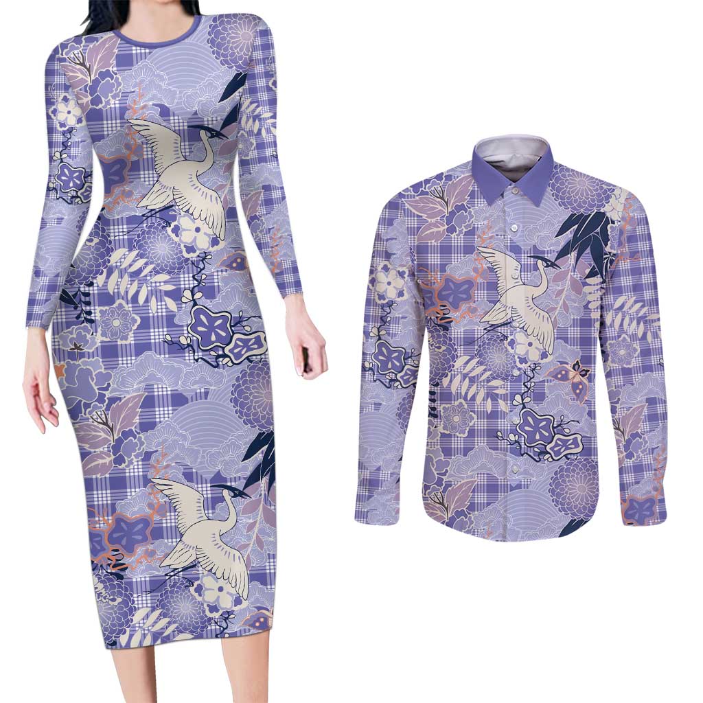 Purple Palaka Crane and Flowers Couples Matching Long Sleeve Bodycon Dress and Long Sleeve Button Shirt Japan Heritage Spirit - Polynesian Pride