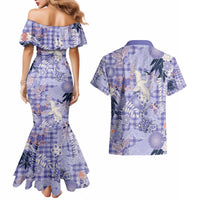 Purple Palaka Crane and Flowers Couples Matching Mermaid Dress and Hawaiian Shirt Japan Heritage Spirit - Polynesian Pride