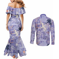 Purple Palaka Crane and Flowers Couples Matching Mermaid Dress and Long Sleeve Button Shirt Japan Heritage Spirit - Polynesian Pride