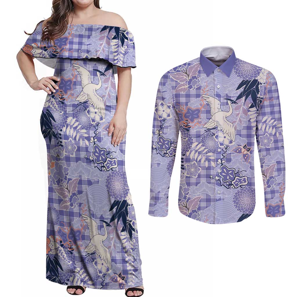 Purple Palaka Crane and Flowers Couples Matching Off Shoulder Maxi Dress and Long Sleeve Button Shirt Japan Heritage Spirit - Polynesian Pride