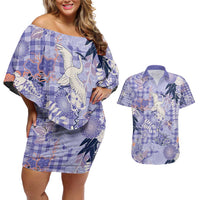 Purple Palaka Crane and Flowers Couples Matching Off Shoulder Short Dress and Hawaiian Shirt Japan Heritage Spirit - Polynesian Pride