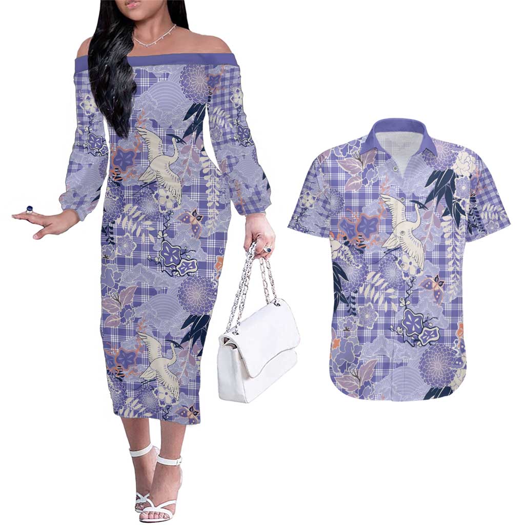 Purple Palaka Crane and Flowers Couples Matching Off The Shoulder Long Sleeve Dress and Hawaiian Shirt Japan Heritage Spirit - Polynesian Pride