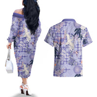 Purple Palaka Crane and Flowers Couples Matching Off The Shoulder Long Sleeve Dress and Hawaiian Shirt Japan Heritage Spirit - Polynesian Pride