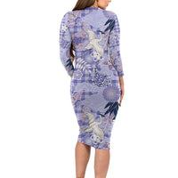 Purple Palaka Crane and Flowers Family Matching Long Sleeve Bodycon Dress and Hawaiian Shirt Japan Heritage Spirit - Polynesian Pride