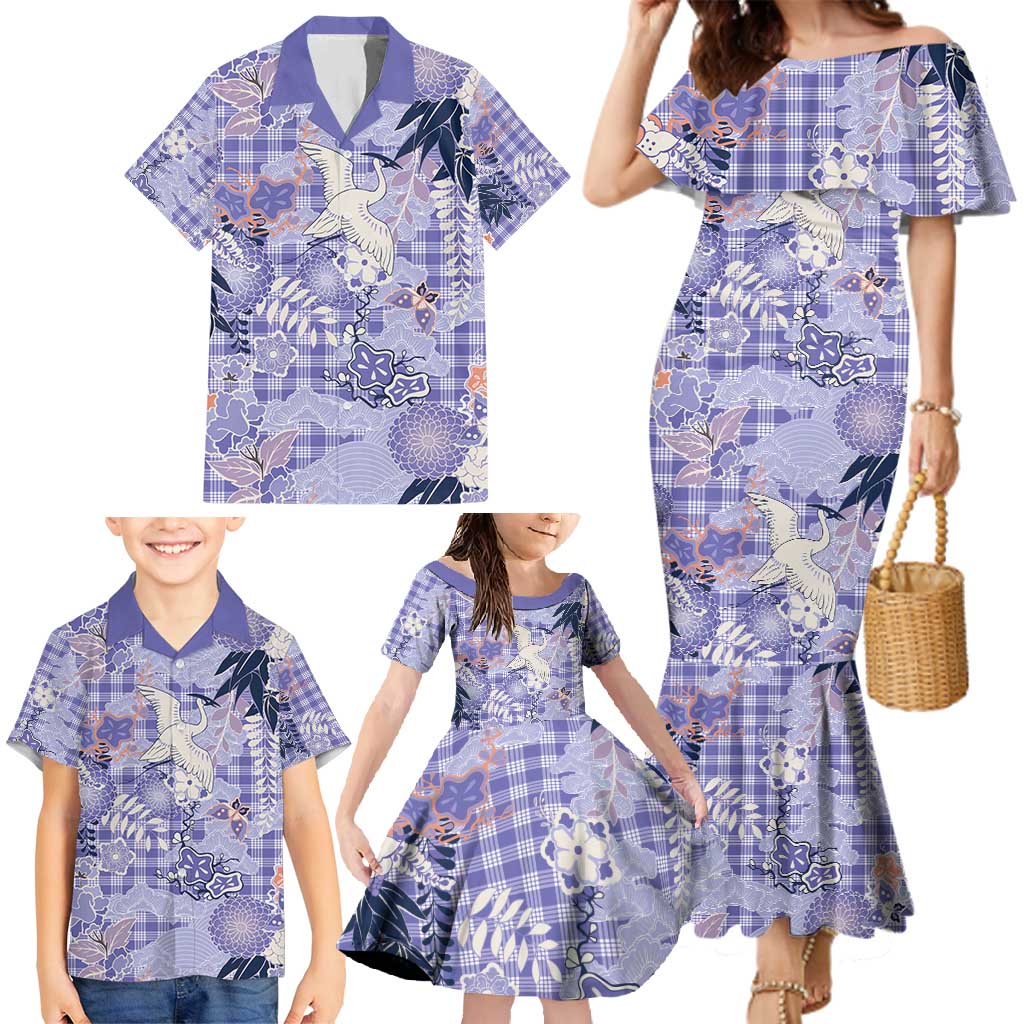 Purple Palaka Crane and Flowers Family Matching Mermaid Dress and Hawaiian Shirt Japan Heritage Spirit - Polynesian Pride