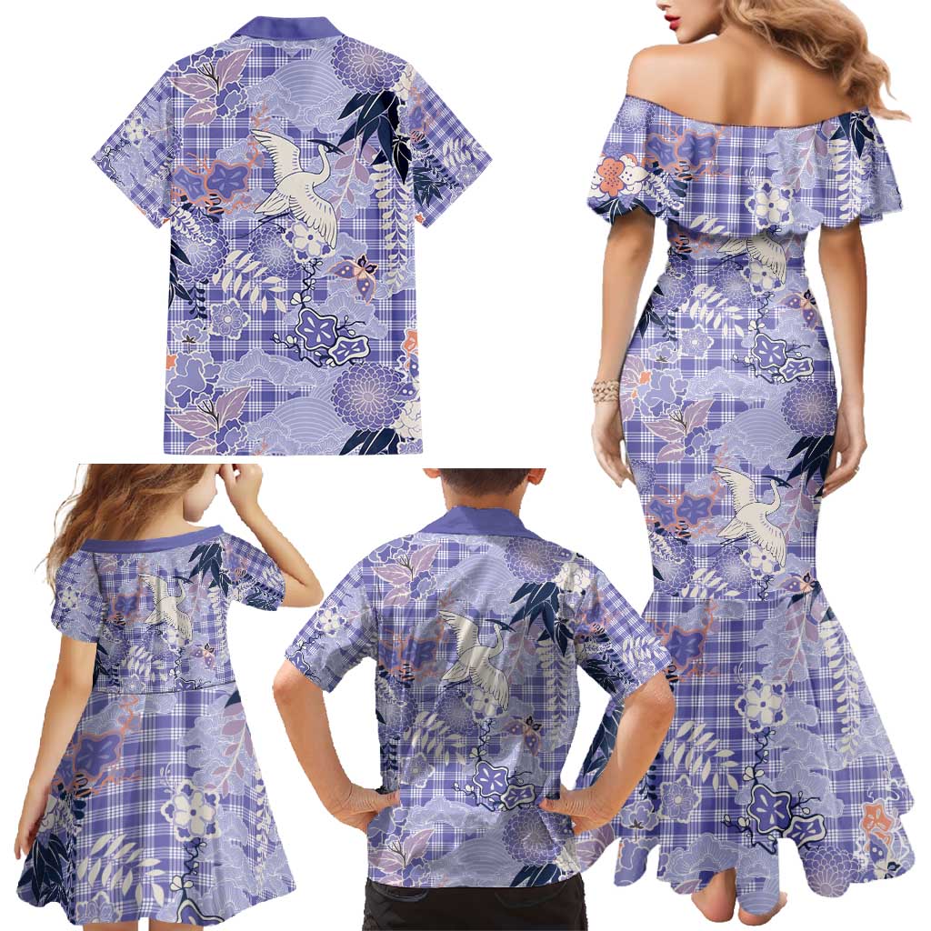 Purple Palaka Crane and Flowers Family Matching Mermaid Dress and Hawaiian Shirt Japan Heritage Spirit - Polynesian Pride