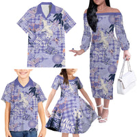 Purple Palaka Crane and Flowers Family Matching Off The Shoulder Long Sleeve Dress and Hawaiian Shirt Japan Heritage Spirit - Polynesian Pride