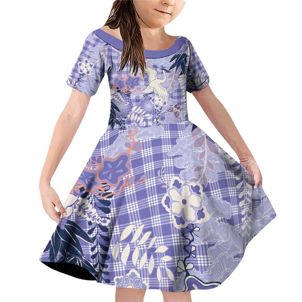 Purple Palaka Crane and Flowers Family Matching Off Shoulder Short Dress and Hawaiian Shirt Japan Heritage Spirit - Polynesian Pride
