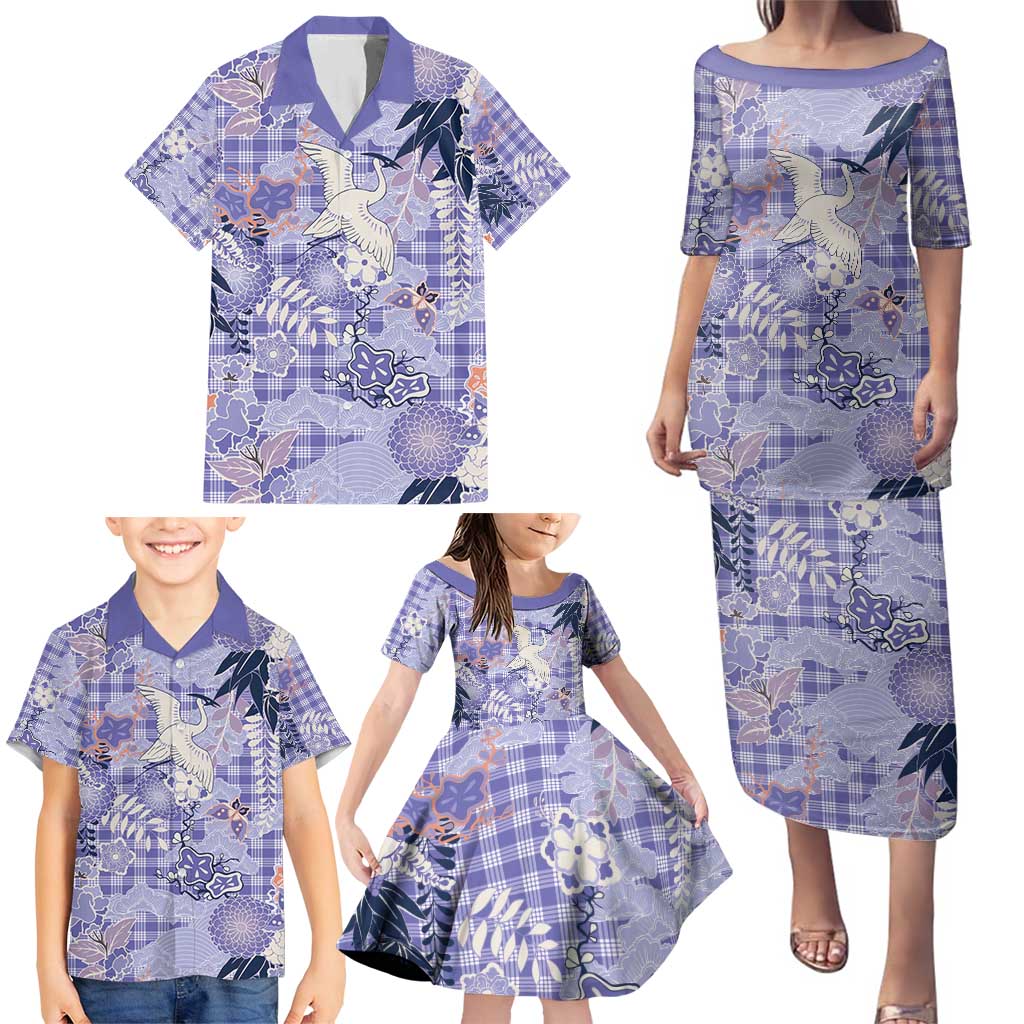 Purple Palaka Crane and Flowers Family Matching Puletasi and Hawaiian Shirt Japan Heritage Spirit - Polynesian Pride