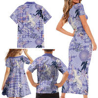 Purple Palaka Crane and Flowers Family Matching Short Sleeve Bodycon Dress and Hawaiian Shirt Japan Heritage Spirit - Polynesian Pride